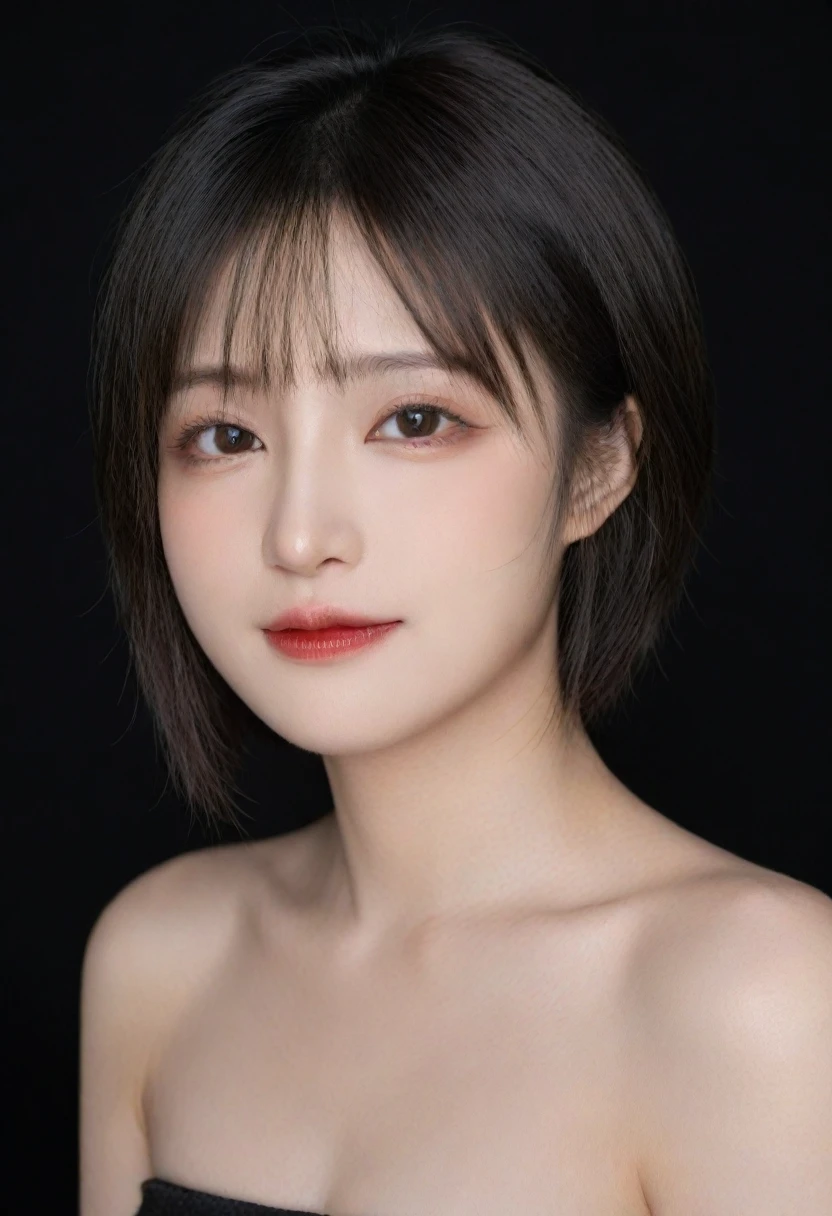 beautiful Japanese woman with short hair , black background