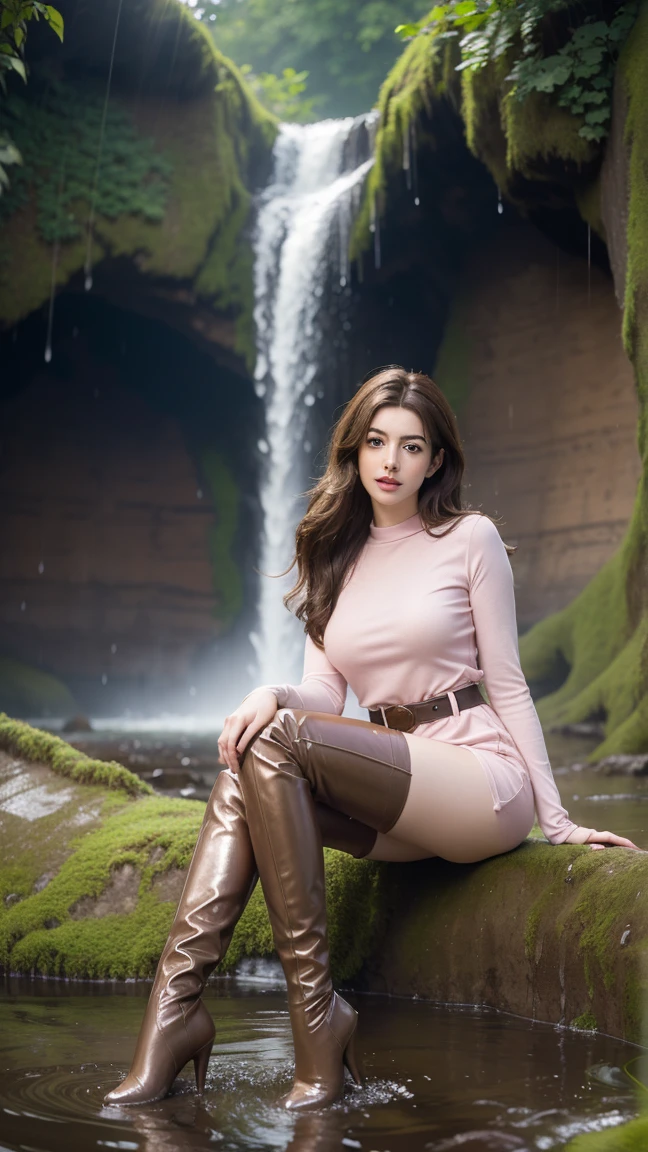 Young Anne Hathaway has long brown hair,Wearing a pink shiny full body suit,Full breasts,Long legs,Over the knee boots,Wear a belt,Sitting in the mud under the waterfall,Water flows from head to toe,The body is covered with water droplets,Wet hair,Full body picture,Realistic