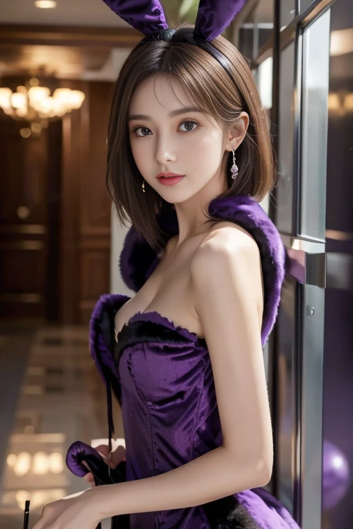 masterpiece, Highest quality, Realistic, Very detailed, Finer details, High resolution, 8k wallpaper, One beautiful woman, (((Dressed in a cute purple and black velvet bunny girl costume))), wearing the garterbelt, Wearing high heels, Great hotel corridor, At night, Light brown, unkempt short hair, Perfect dynamic composition, Beautiful and beautiful eyes、Big earrings、Upper Body
