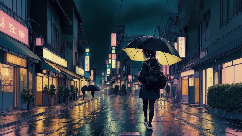 A rainy night in Tokyo。Person walking with an umbrella々、Neon lights reflected on the wet road。The street is lined with cafes and restaurants、Warm light is leaking out。The overall color tone is calm.、A tranquil atmosphere。A young woman walking wearing headphones that symbolize Lofi music。