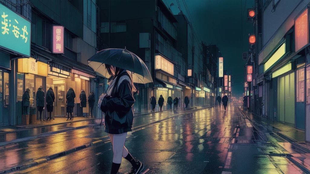 A rainy night in Tokyo。Person walking with an umbrella々、Neon lights reflected on the wet road。The street is lined with cafes and restaurants、Warm light is leaking out。The overall color tone is calm.、A tranquil atmosphere。A young woman walking wearing headphones that symbolize Lofi music。