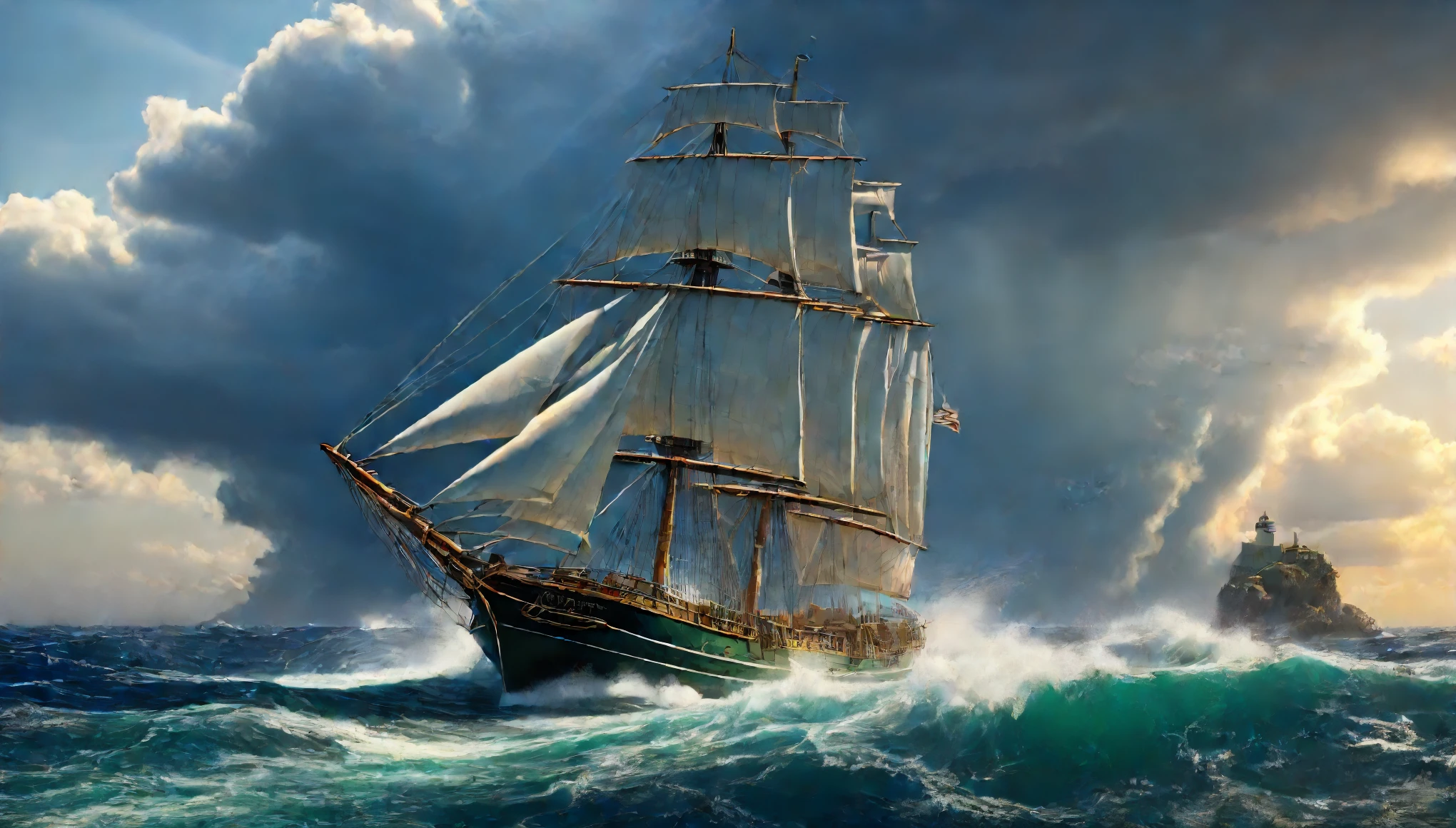 Best quality, masterpiece, ultra high res, (photorealistic:1.4), A schooner is Sailing on the Mediterranean Sea, out from the north African Coast, it is stormy with sea spray and blue waves, A light house in the distance,all sails full, ship is leaning over,Ocean green and gold Color, Long Shot, Rendered with Unreal Engine 5, Realistic, detailed, super high quality, sunset Sky, not human, No living creatures, There is no Earth, No rocks, Pacific,Giant Wave, Gust of wind, hollow wave