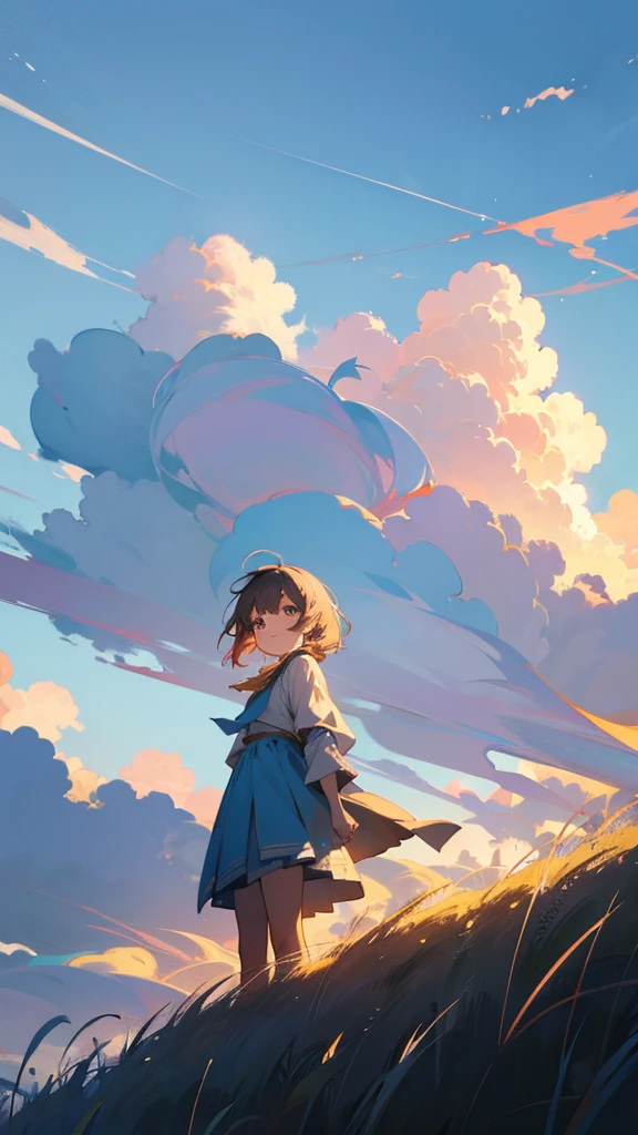 A girl watching a sky grom hill sky is light blue covered with clouds evening shine of sun magical