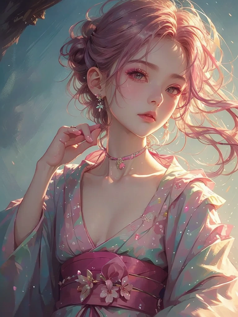 High quality, high resolution, fractal art, pink hair, pink eyes, kimono, pink hair, pink Japanese pattern kimono, worn tightly up to the neck, pink eyes, pink flower decoration on the head, hair tied up, Korean glitter eye makeup, very delicate makeup, shiny hair, the moon is visible, sparkling