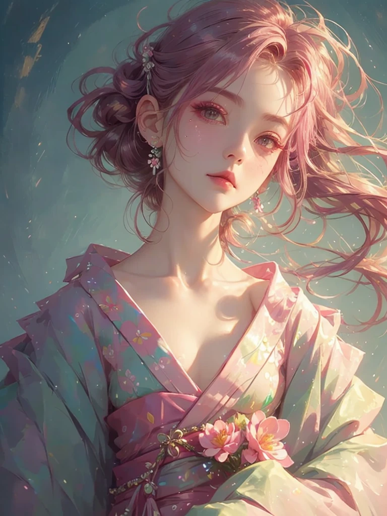 High quality, high resolution, fractal art, pink hair, pink eyes, kimono, pink hair, pink Japanese pattern kimono, worn tightly up to the neck, pink eyes, pink flower decoration on the head, hair tied up, Korean glitter eye makeup, very delicate makeup, shiny hair, the moon is visible, sparkling