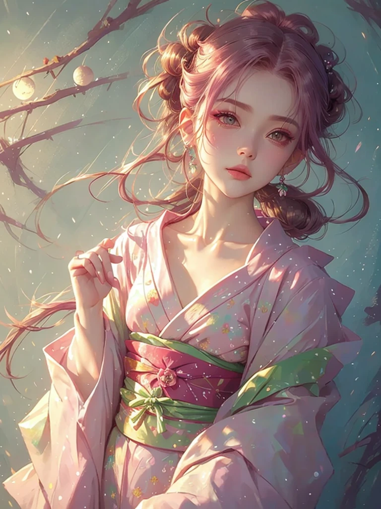 High quality, high resolution, fractal art, pink hair, pink eyes, kimono, pink hair, pink Japanese pattern kimono, worn tightly up to the neck, pink eyes, pink flower decoration on the head, hair tied up, Korean glitter eye makeup, very delicate makeup, shiny hair, the moon is visible, sparkling