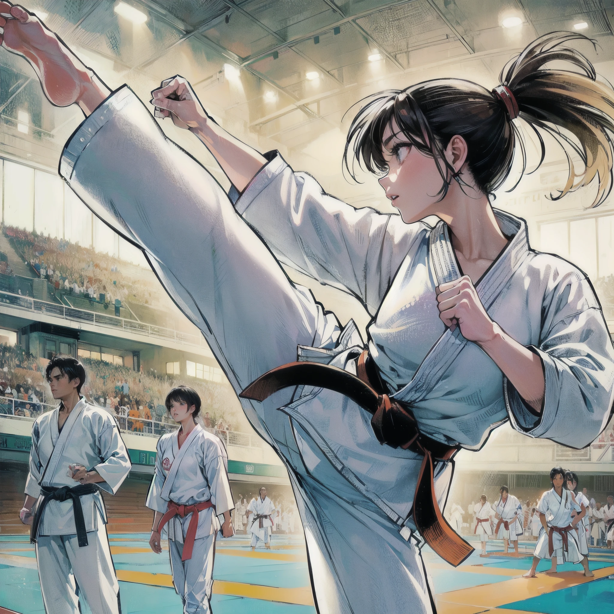  masterpiece, (textured skin), best quality, gorgeous beautiful girl, (a female karate athlete), detailed clothes,large breasts,narrow waist,, (beautiful face), cinematic lighting, (at karate venue ),