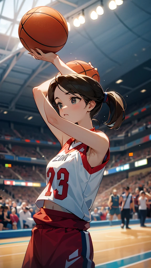 best image quality, cute girl, (((basketball player))), uniform, a lot of sweat, mouth open, gym, brown ponytail, mega tits, smile, hottest, jump shooting, uplifting, exciting face, look down, nipples, white sigh