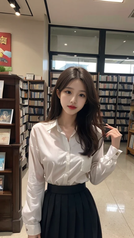 1 Girl,bookshops,Soft Light,Chinese Beauty,shirt,Pleated Skirt,Sexy,Long hair