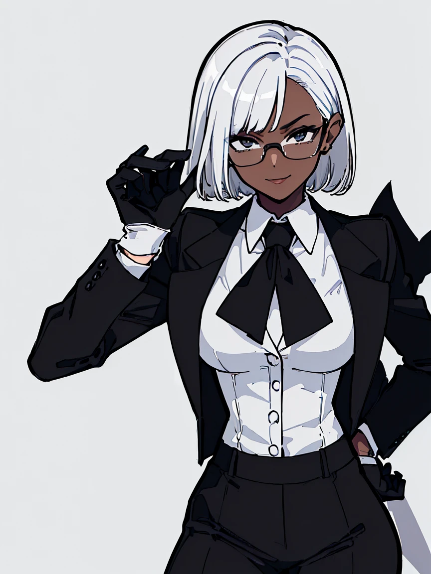 (Highest quality、masterpiece:1.2) 1 Female、adult、((Dark skinned women、long white short hair、Hair over the ears)) ((White office background)) Glasses、((Black business suit、Black tailored jacket、White shirt、Black pantsuit、Black Leather Gloves)) (One hand on her hip) (Malicious look、Vulgar smile)