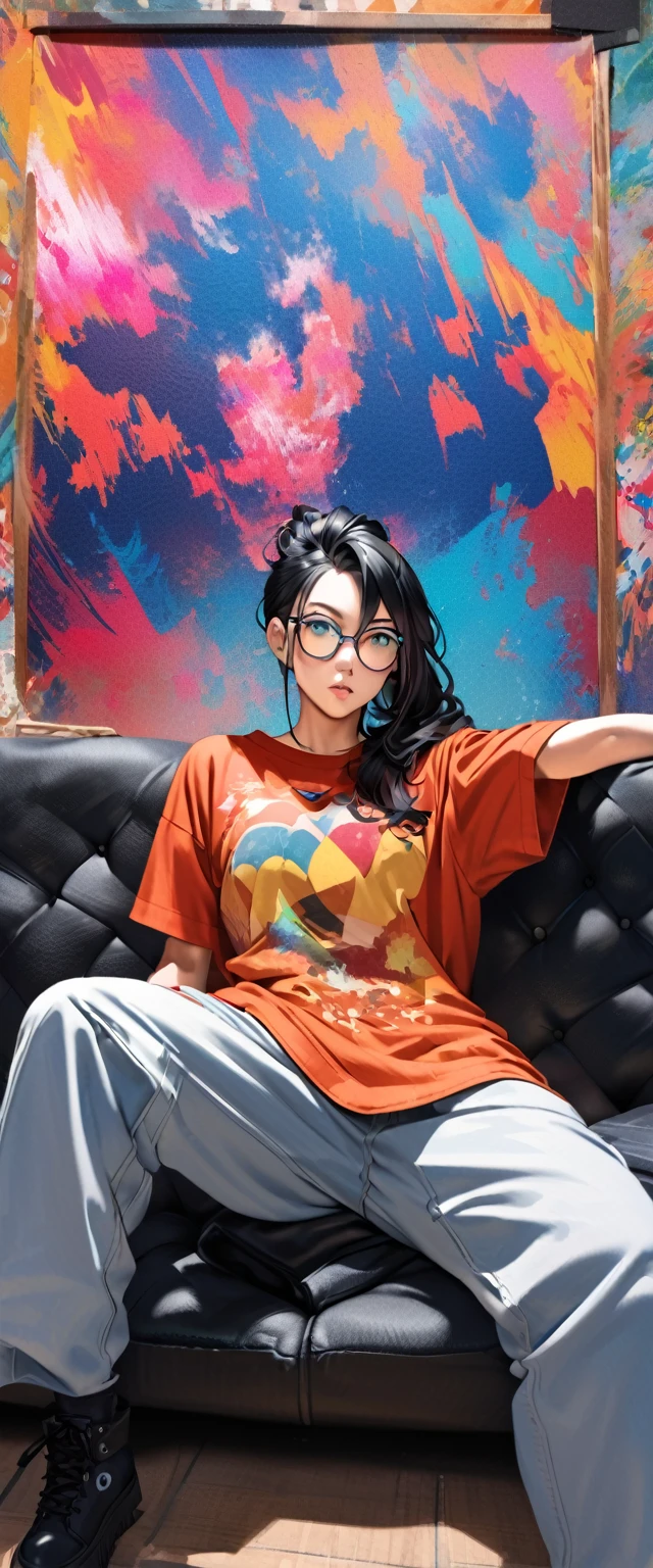 Make a photo of an anime character in the manga series (ONE PIECE) named (NICO ROBIN) with long black hair, glasses attached to the top of his head and wearing a closed hip-hop shirt, long loose hip-hop pants. Sitting, with a colorful abstract painting background .makes the photo look anime realistic.