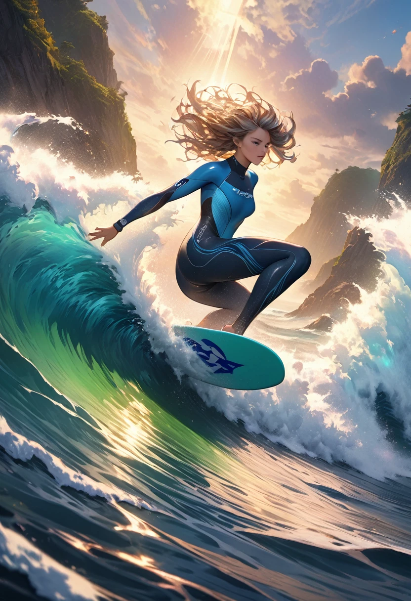 Anatomically perfect surfer wearing blue wetsuit and goggles riding huge waves featuring sunlight hitting the ocean, white blue green gradient, high dynamic range, Detailed and intricate psychedelic illustration of a hyper-realistic surfer High dynamic angles Perfect pose and vibrant Cinematic art imagery Beautiful artistic rendering of light and shadow cinematic special effects High-resolution imagery Surreal textures High-resolution, Digital painting,
Delicate and dynamic rendering, ultra-high quality, masterpiece, Super detailed, Best quality animation style HD high quality presentation