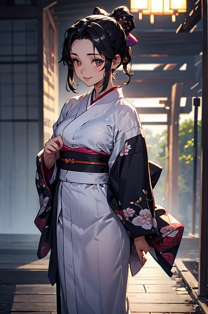 (((beautiful))), (((yukata, kimono))), ((Black Hair, ponytail, ribbon)), Small breasts, Sweat, (((Intricate details))), High resolution, ((Intricate details, Ultra-detailed)), whole body, Are standing, looking at the camera, Red cheeks, smile, night, shrine, Festivals,