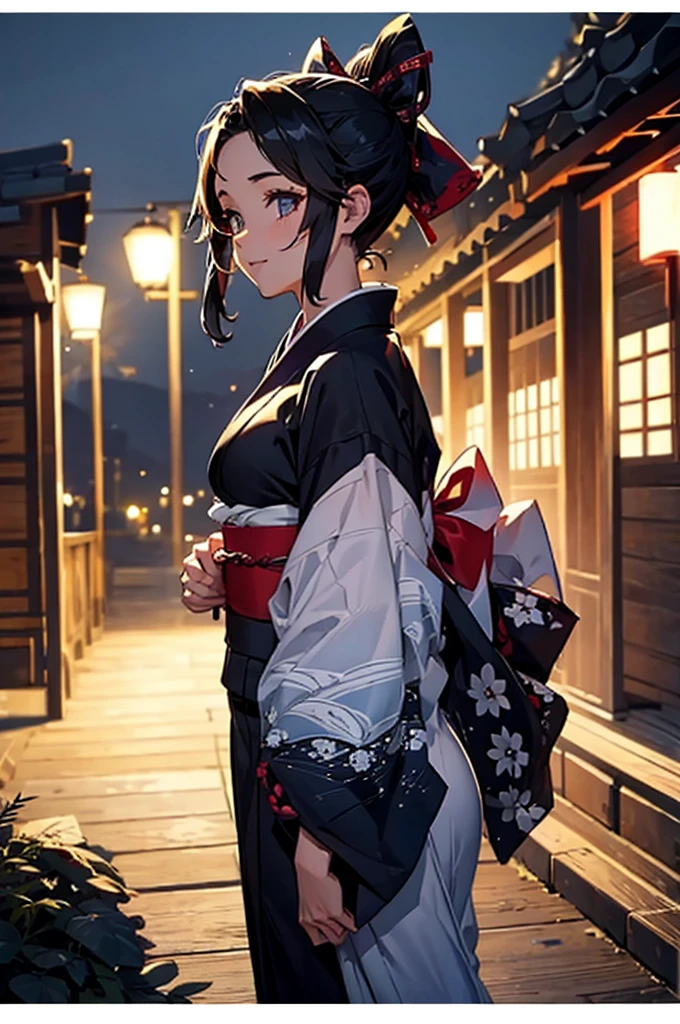 (((beautiful))), (((yukata, kimono))), ((Black Hair, ponytail, ribbon)), Small breasts, Sweat, (((Intricate details))), High resolution, ((Intricate details, Ultra-detailed)), whole body, Are standing, looking at the camera, Red cheeks, smile, night, shrine, Festivals,