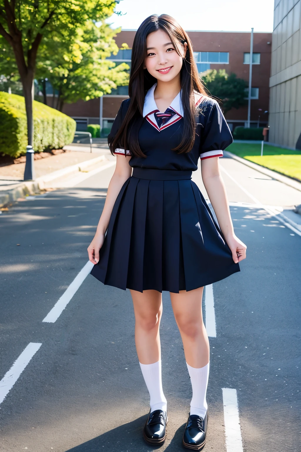 A high school girl standing in an empty schoolyard、Cute face like an idol、Long black hair、Uniform summer uniform、miling、Full body portrait
