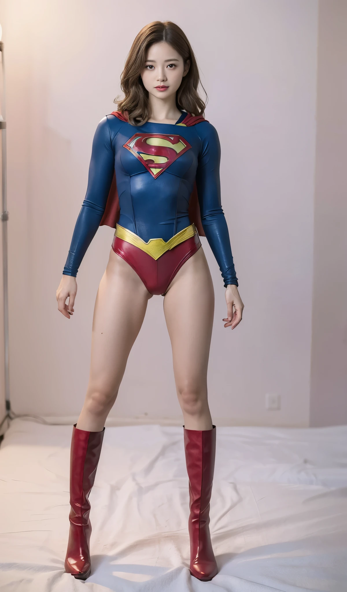 No background、She always has her mouth open、She always has a sad look on her face、Always close your eyes、(((Beautiful legs in black tights.)))、(((Stretch your legs、expensive、Showing a beautiful smile)))、((((Make the most of your original images)))、(((Supergirl Costume)))、(((Beautiful Hair)))、(((Suffering face)))、(((Black tights legs、Wear red boots)))、((Best image quality、8k))、((Highest quality、8k、masterpiece:1.3))、(((Preserve background )))、Sharp focus:1.2、Beautiful woman with perfect figure:1.4、Slim Abs:1.2、Wet body:1.5、Highly detailed face and skin texture、8k
