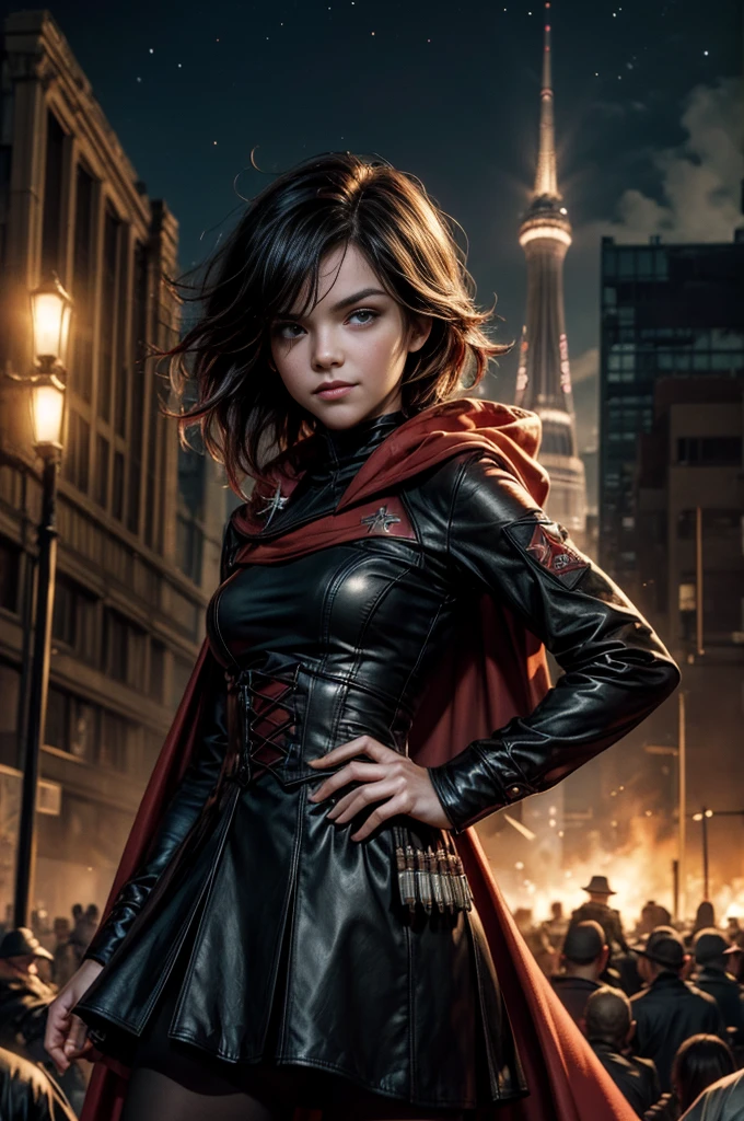 (masterpiece, best quality:1.2), cowboy shot, solo, dynamic pose, 1girl, ruby rose, grin, looking at viewer, arms behind back, black dress, long sleeves, red cape, pantyhose, standing, inside deserted stadium, bonfires, river, crowd, (crowd in military uniforms), night, stars, closed mouth, serious look, serious expression, post-apocalypse, dystopian future