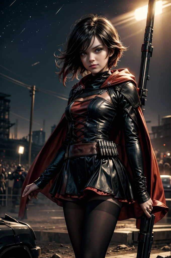 (masterpiece, best quality:1.2), cowboy shot, solo, dynamic pose, 1girl, ruby rose, grin, looking at viewer, arms behind back, black dress, long sleeves, red cape, pantyhose, standing, inside deserted stadium, bonfires, river, crowd, (crowd in military uniforms), night, stars, closed mouth, serious look, serious expression, post-apocalypse, dystopian future