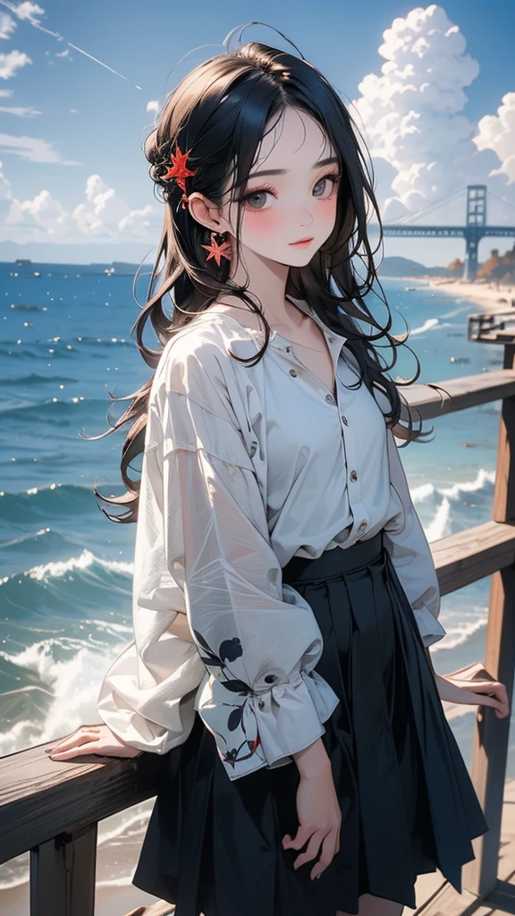 masterpiece,((Clear lines)), Limited edition palette,Highest quality, Flat Color, Low contrast, ((One girl)),(((Very delicate and beautiful girl))),(Beautifully detailed face),(Beautiful attention to detail),{Long Hair},hair ornaments,((Middle chest)),Long black hair,Hair Ribbon, , Are standing,((View your viewers:1.6)), View from below,Beautifully detailed skies,Bright sky,Cloudy,sunlight, (Detailed Light),Lighting,colorful,Ocean,Beach, bridge,The way to school,Skyscraper, autumn, mist