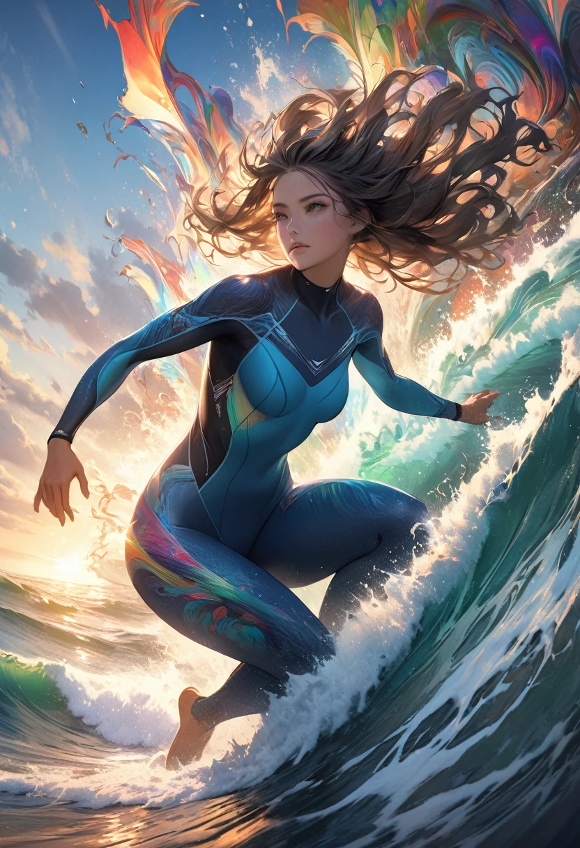 Anatomically perfect surfer wearing blue wetsuit and goggles riding huge waves featuring sunlight hitting the ocean, white blue green gradient, high dynamic range, Detailed and intricate psychedelic illustration of a hyper-realistic surfer High dynamic angles Perfect pose and vibrant Cinematic art imagery Beautiful artistic rendering of light and shadow cinematic special effects High-resolution imagery Surreal textures High-resolution, Digital painting,
Delicate and dynamic rendering, ultra-high quality, masterpiece, Super detailed, Best quality animation style HD high quality presentation