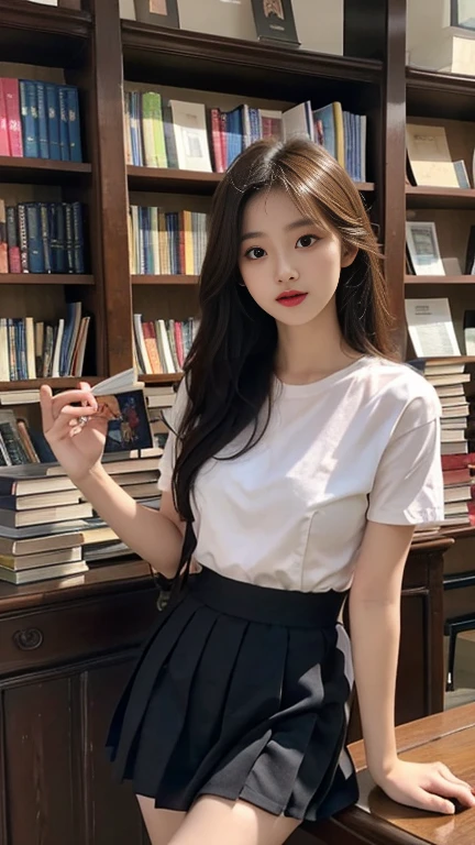 1 Girl,bookshops,Soft Light,Chinese Beauty,Short sleeve,Pleated Skirt,Sexy,Long hair