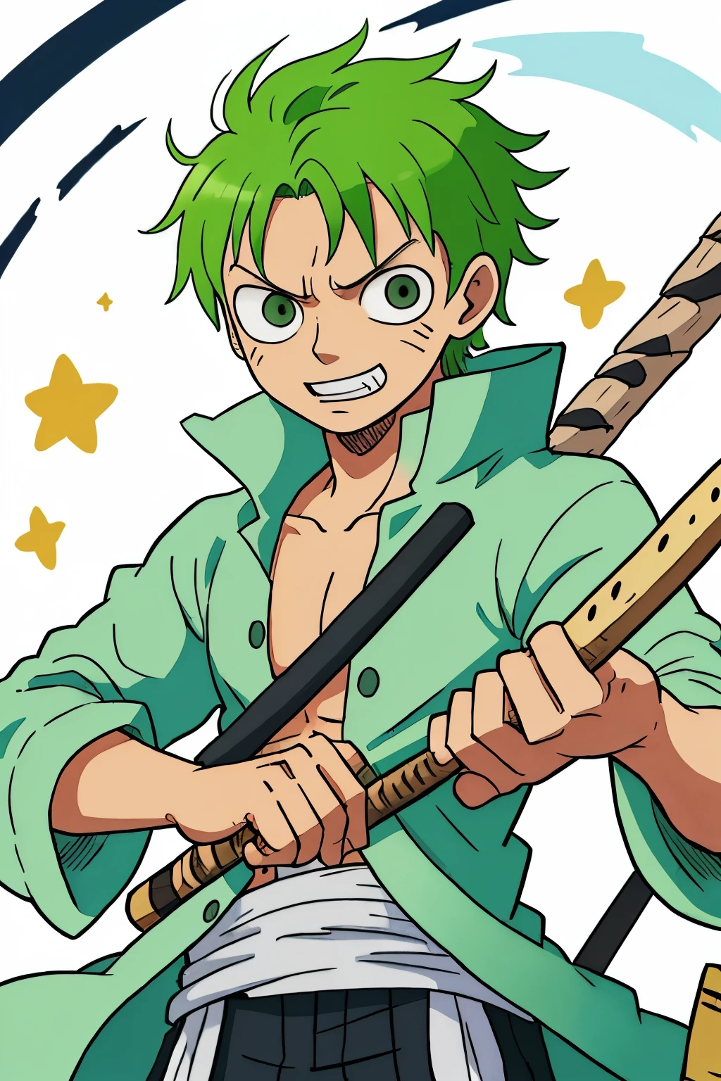 This prompt features a young Zoro, a beloved character from One Piece, portrayed with a kid-like appearance. The art showcases better quality, with a strong focus on Zoro's face, capturing his unique features such as his thick brows and distinctive scar. The logo design subtly peeks in the background, hinting at the One Piece series. Zoro's expression is comical yet adorable, filled with playful laughter lines and sparkling eyes. The artwork boasts a high-quality art style, with a sharp focus on Zoro's face, enhanced by vivid colors and soft shadows, creating a captivating detail that brings out the humor and charm of the character.