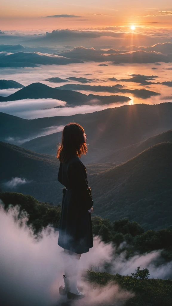 Takeda Castle overlooking the sea of clouds, black-haired Japanese woman with bob hair, sunrise
