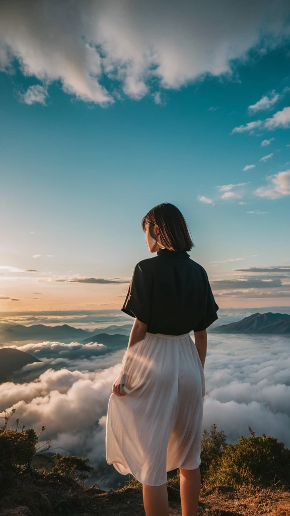 Takeda Castle overlooking the sea of clouds, black-haired Japanese woman with bob hair, sunrise