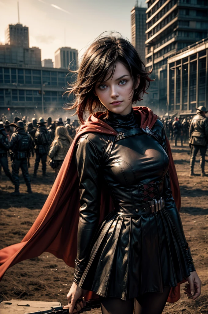 (masterpiece, best quality:1.2), cowboy shot, solo, dynamic pose, 1girl, ruby rose, grin, looking at viewer, arms behind back, black dress, long sleeves, red cape, pantyhose, standing, inside deserted stadium, bonfires, river, crowd, (crowd in military uniforms), night, stars, closed mouth, serious look, serious expression, post-apocalypse, dystopian future