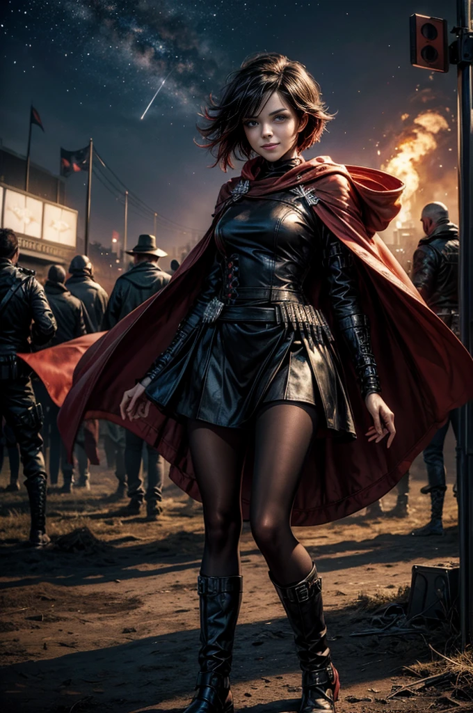 (masterpiece, best quality:1.2), cowboy shot, solo, dynamic pose, 1girl, ruby rose, grin, looking at viewer, arms behind back, black dress, long sleeves, red cape, pantyhose, standing, inside deserted stadium, bonfires, river, crowd, (crowd in military uniforms), night, stars, closed mouth, serious look, serious expression, post-apocalypse, dystopian future