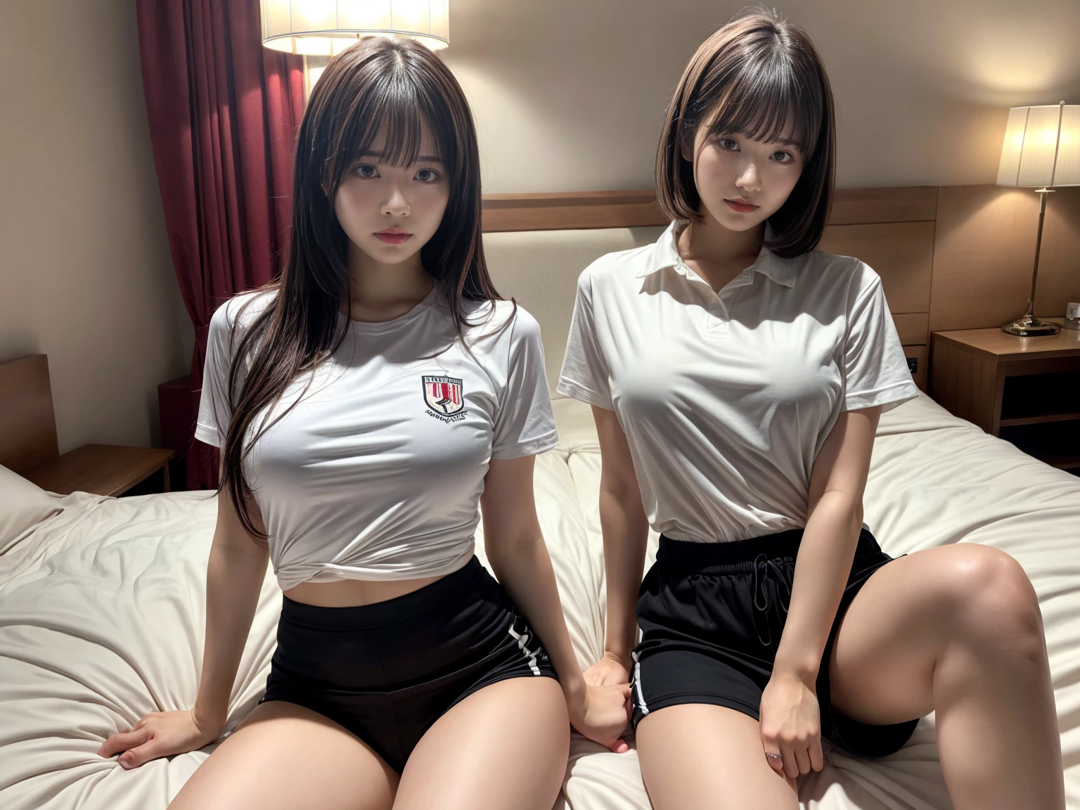 masterpiece, best quality, illustration, Super detailed, fine details, High resolution, 8K,wall paper, perfect dynamic composition,(Details High quality, realistic depiction of eyes:1.3), (2 girls), oversized sport shirt, shorts women, sitting, open legs, short bob hair, in a hotel room in the background, deep on field, large breasts, black hair color, Big Natural Color Lip, (perfect body shape), crying a little、Harajuku style、20 year old girl、cute type、beautiful legs, Gravure Idol