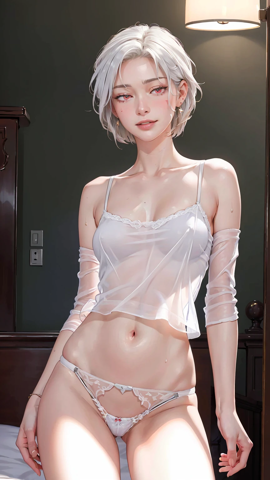 ((((masterpiece, best quality, high resolution)))), Extremely detailed 8K, Beautiful girl with voluptuous body, (Ultra HD, Ultra-detailed, Highly detailed, Highly realistic, Ultra-realistic, photograph realistic), (1girl:1.5), (Realistic white hair), (short silky hair, hair ornaments, earrings), (dynamic poses), facing at camera, looking at viewer, (blushing red, embarrassed, exhausted, smirk), (bright red eyes, sharp eyes), (small perky breasts:1.2), (wide hips:1.2), (beautiful detailed face, beautiful detailed eyes), ((white sheer camisole, sheer panties)), (detail pussy), (standing up:1.3), sweat, glow, (nightlight), ((cowboy shot)), bedroom, seductive