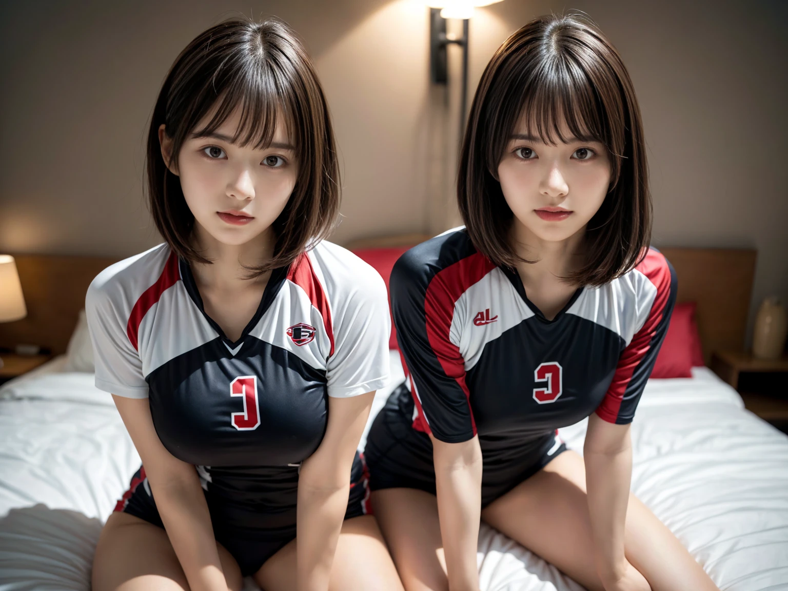 masterpiece, best quality, illustration, Super detailed, fine details, High resolution, 8K,wall paper, perfect dynamic composition,(Details High quality, realistic depiction of eyes:1.3), (2 girls), (short hair volleyball player, Volleyball Uniforms), Tight clothes, sitting, open legs, short bob hair, in a hotel room in the background, deep on field, large breasts, black hair color, Big Natural Color Lip, (perfect body shape), crying a little、Harajuku style、20 year old girl、cute type、beautiful legs, Gravure Idol