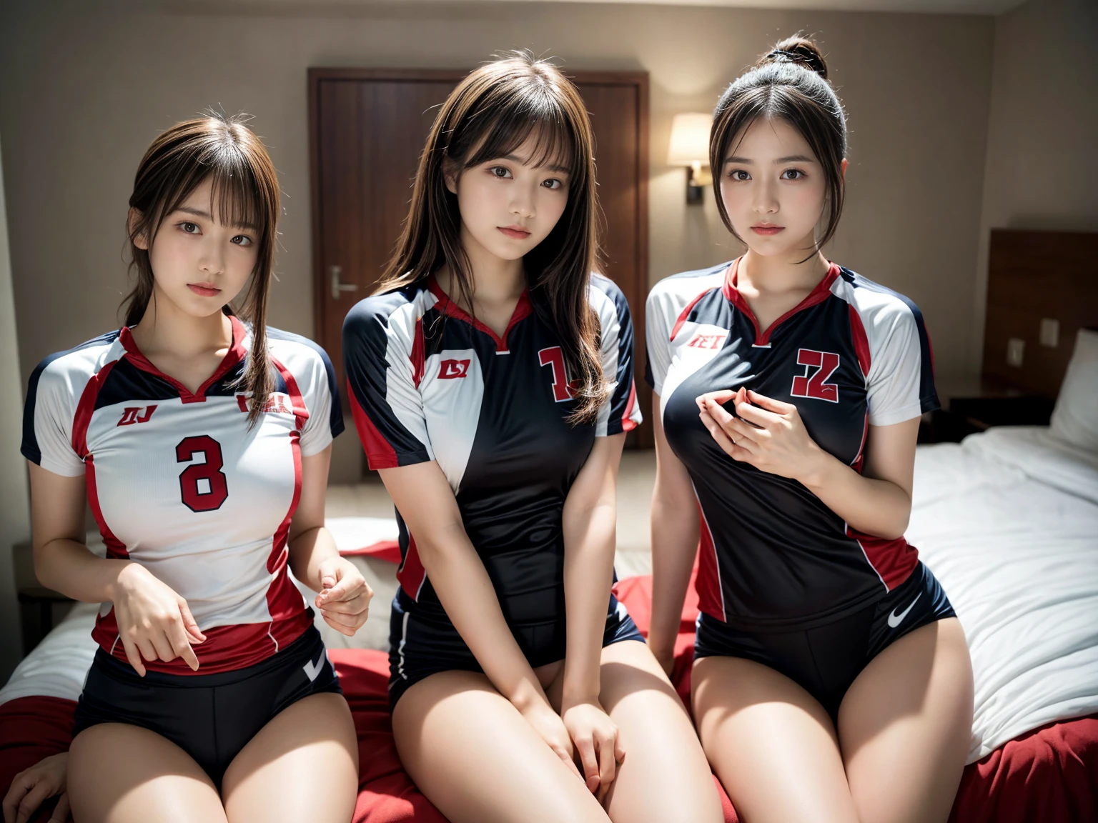 masterpiece, best quality, illustration, Super detailed, fine details, High resolution, 8K,wall paper, perfect dynamic composition,(Details High quality, realistic depiction of eyes:1.3), (2 girls), (short hair volleyball player, Volleyball Uniforms), Tight clothes, sitting, open legs, short bob hair, in a hotel room in the background, deep on field, large breasts, black hair color, Big Natural Color Lip, (perfect body shape), crying a little、Harajuku style、20 year old girl、cute type、beautiful legs, Gravure Idol