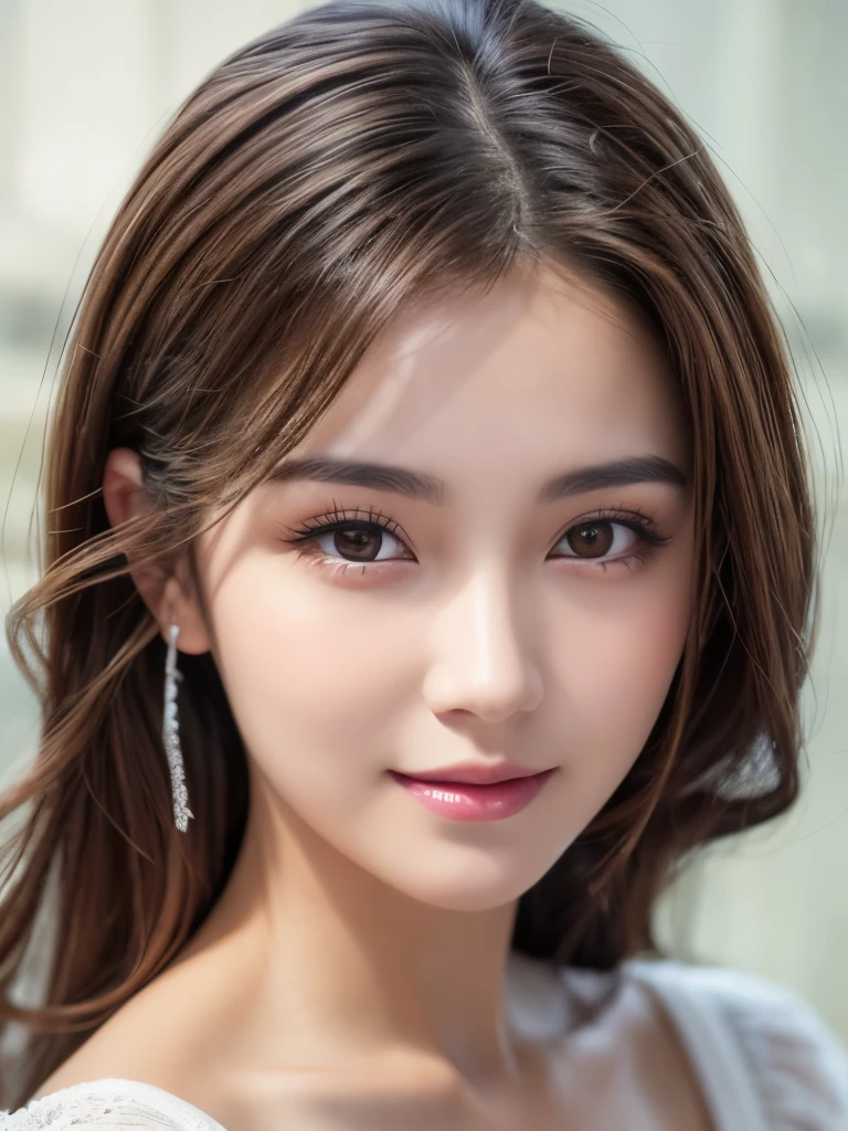 Highest quality, Ultra high definition, work, (Realistic: 1,2), 1 girl, Brown Hair, Brown eyes, front, Detailed face, Beautiful Eyes, Soft and sexy lips, smile, Eye Focus, 