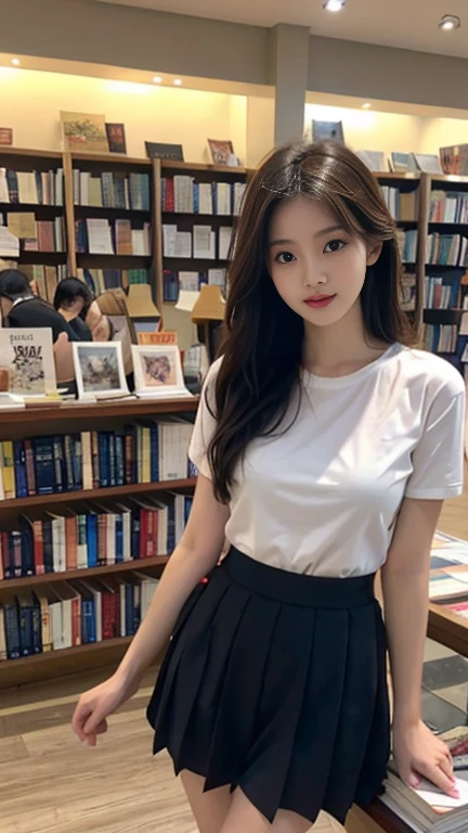 1 Girl,bookshops,Soft Light,Chinese Beauty,Short sleeve,Pleated Skirt,Sexy,Long hair