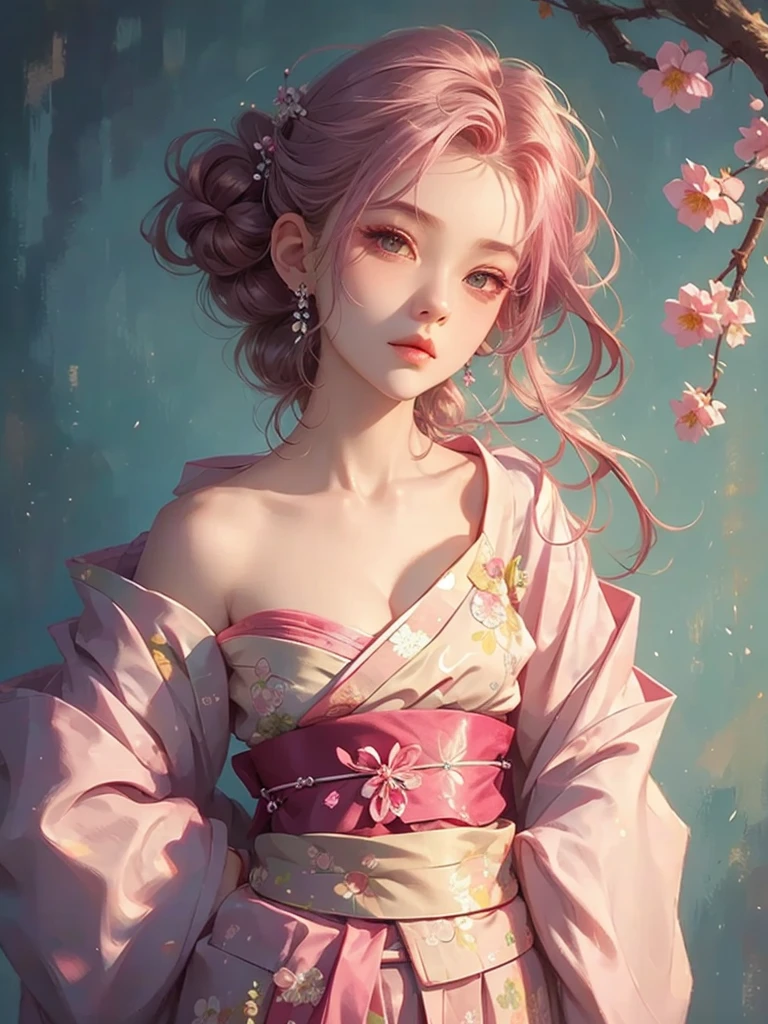 High quality, high resolution, fractal art, pink hair, pink eyes, kimono, pink hair, pink Japanese pattern kimono, wear it tightly up to the neck, wear it tightly without loosening the neck, do not expose the chest, pink eyes, pink flower decoration on the head, hair tied up, Korean glitter eye makeup, very delicate makeup, shiny hair, the moon is visible, sparkling