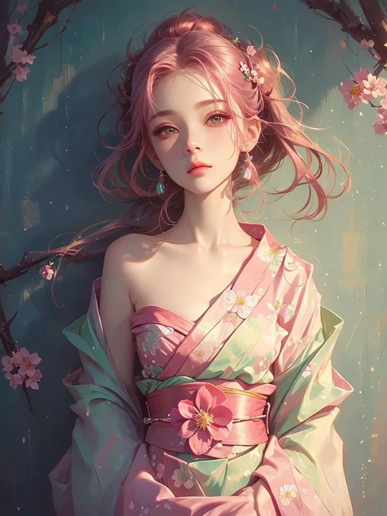 High quality, high resolution, fractal art, pink hair, pink eyes, kimono, pink hair, pink Japanese pattern kimono, wear it tightly up to the neck, wear it tightly without loosening the neck, do not expose the chest, pink eyes, pink flower decoration on the head, hair tied up, Korean glitter eye makeup, very delicate makeup, shiny hair, the moon is visible, sparkling
