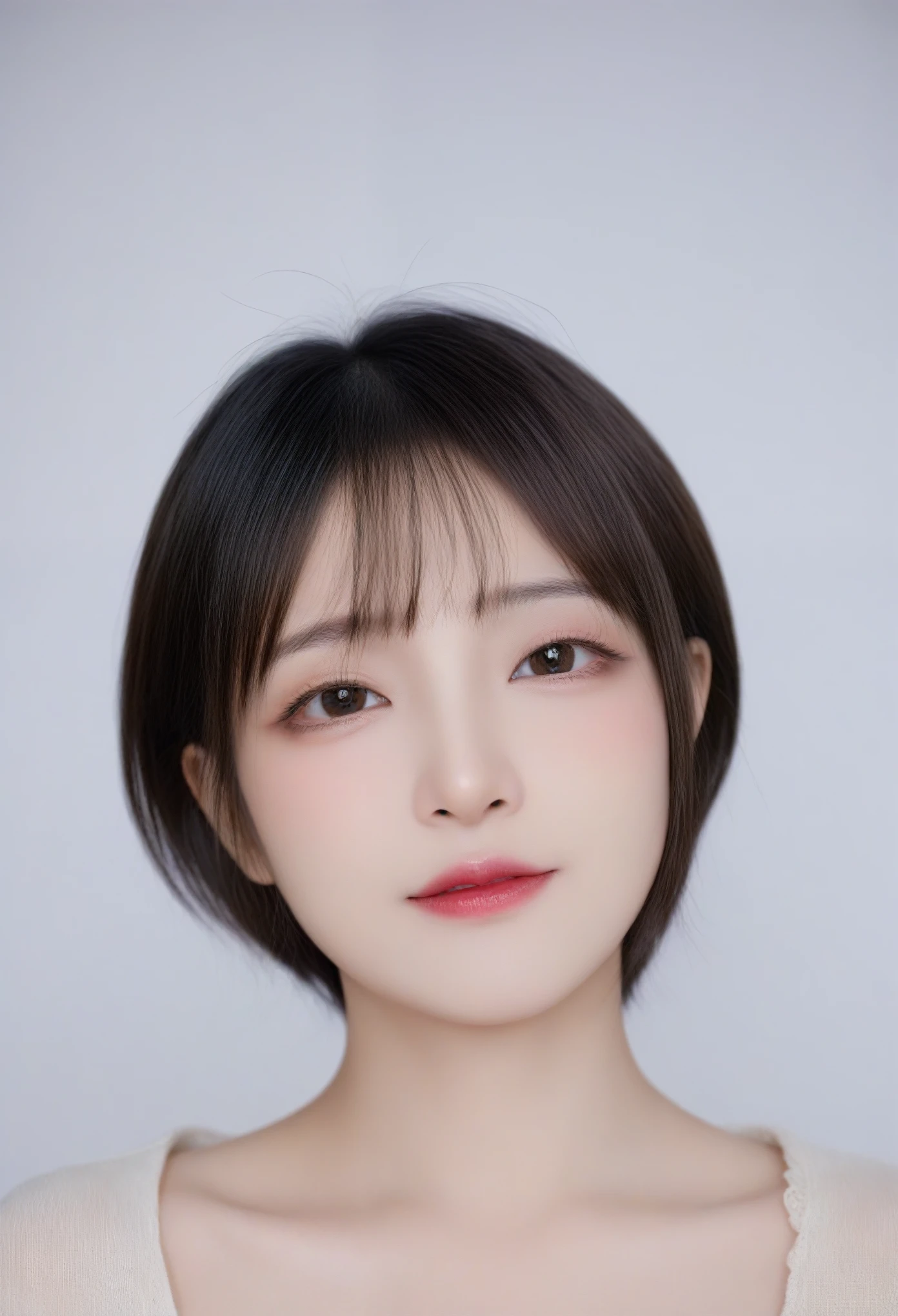beautiful Japanese woman with short hair , white background
