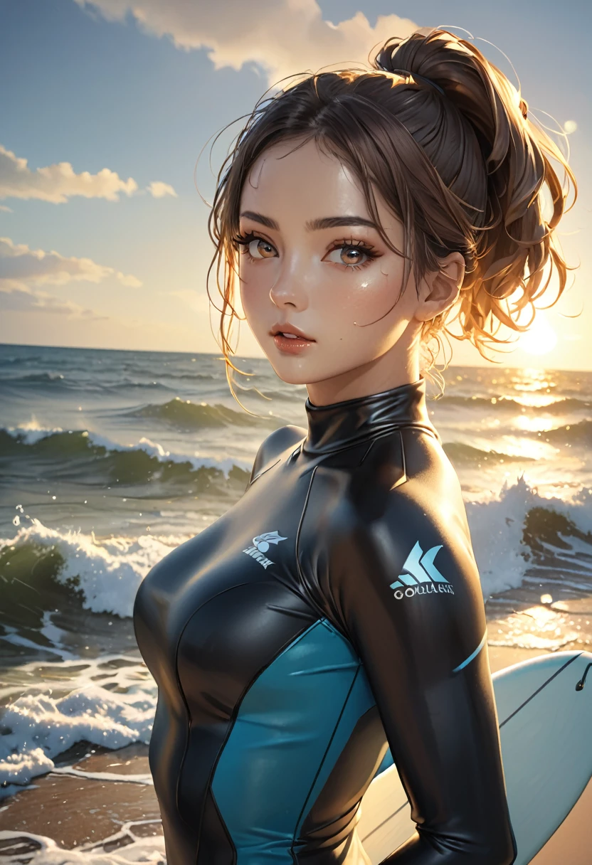 Surfing:2.0, Girl surfing in the sea、Wetsuits、Brown Hair、ponytail、Sunburned skin、Beautiful and detailed eyes、Beautiful and detailed lips、Extremely detailed eyes and face、Long eyelashes、Athlete female body、Dynamic pose、waves of the ocean、Bubbling water、Sun glare、Golden Hour Lighting、Warm color palette、Cinematic composition、Photorealistic、(Highest quality、4K、8k、High resolution、masterpiece:1.2)、Super fine、(Real、Photorealistic、Photorealistic:1.37)、professional