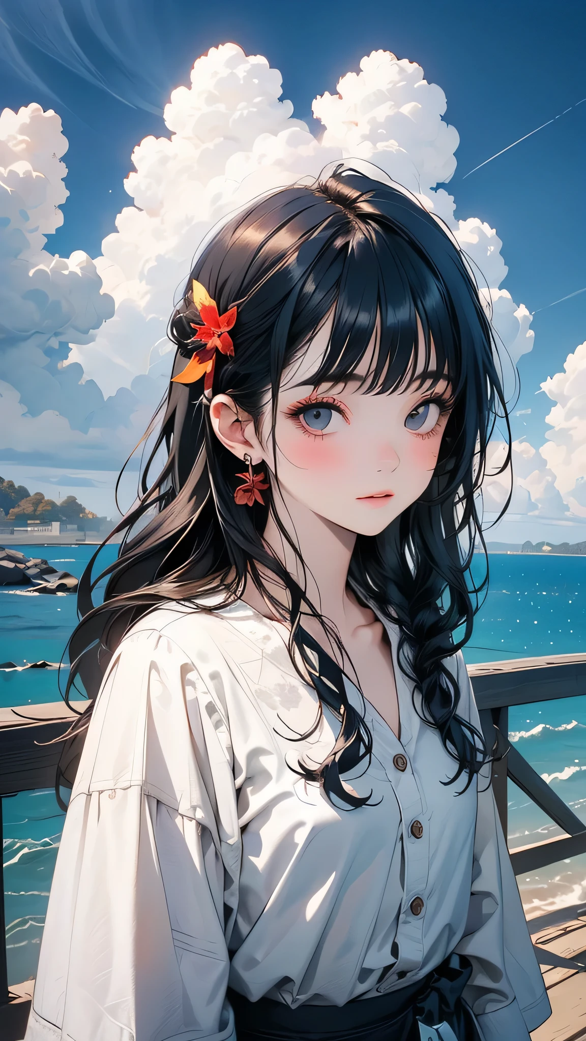 masterpiece,((Clear lines)), Limited edition palette,Highest quality, Flat Color, Low contrast, ((One girl)),(((Very delicate and beautiful girl))),(Beautifully detailed face),(Beautiful attention to detail),{Long Hair},hair ornaments,((Middle chest)),Long black hair,Hair Ribbon, , Are standing,((View your viewers:1.6)), View from below,Beautifully detailed skies,Bright sky,Cloudy,sunlight, (Detailed Light),Lighting,colorful,Ocean,Beach, bridge,The way to school,Skyscraper, autumn, mist