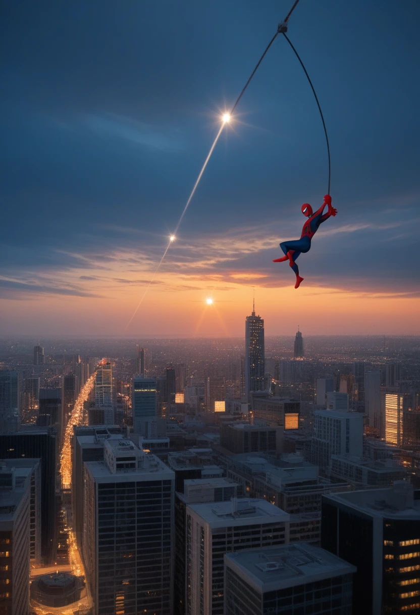 Action packed 3D chibi cute Spider-Man, wearing his iconic red and blue costume, swinging through the skyscrapers of Manhattan at dusk, with city lights twinkling below and the setting sun casting a golden glow, amidst billowing clouds and dynamic web trails, captured in a dramatic mid-air leap, ultra-detailed, hyper-realistic , cinematic --style raw --ar 16:9 --v 6.1^