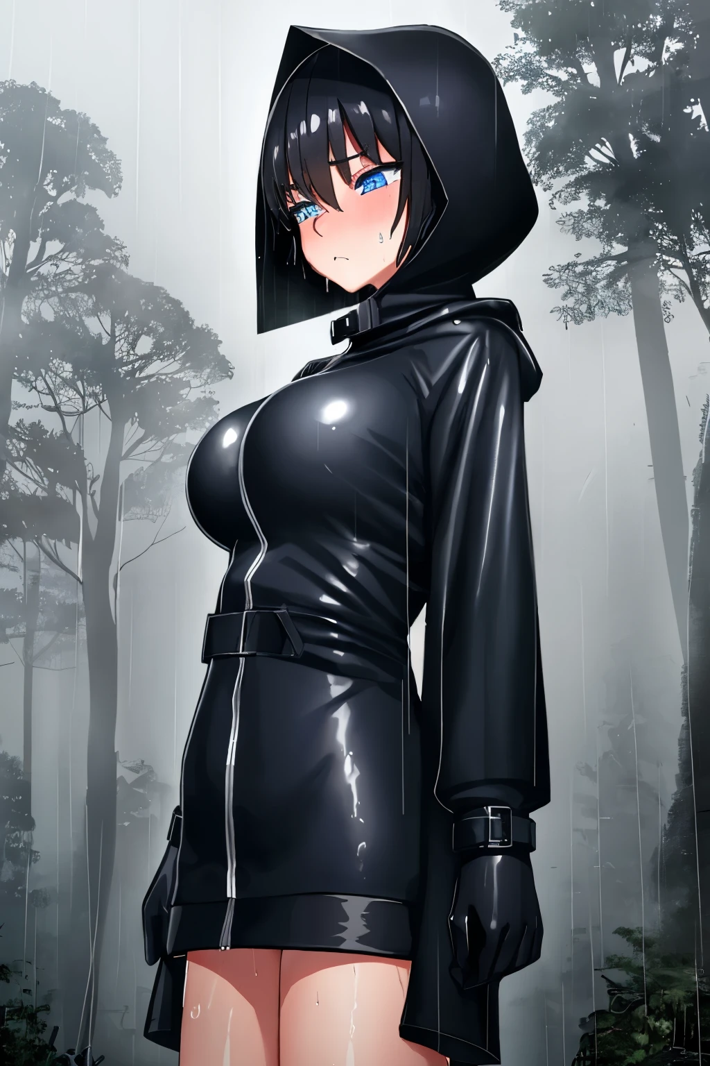 Cool girl,boyish,Very short hair,blue eyes,black long raincoat,Wear a hood,Gloomy face,Black Hair,Big Breasts,blush,Sweat,Are standing,forest,Wet,rain,fog,cloudy,Humid air,Cowboy Shot