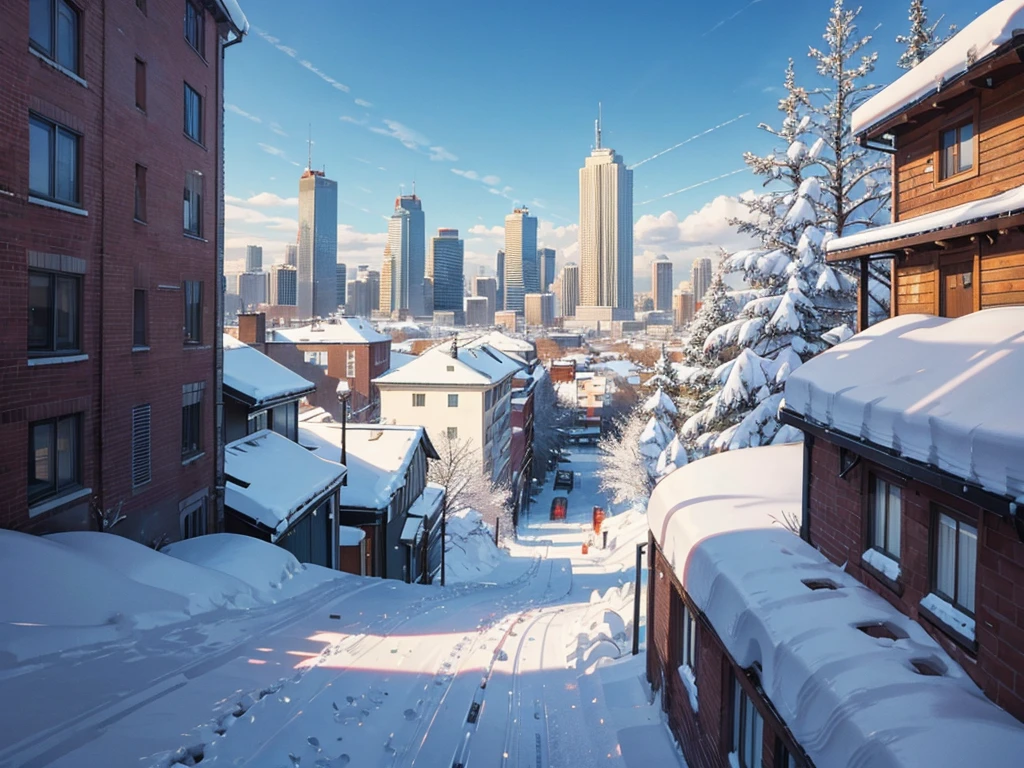 
Back view in the city in the snow
