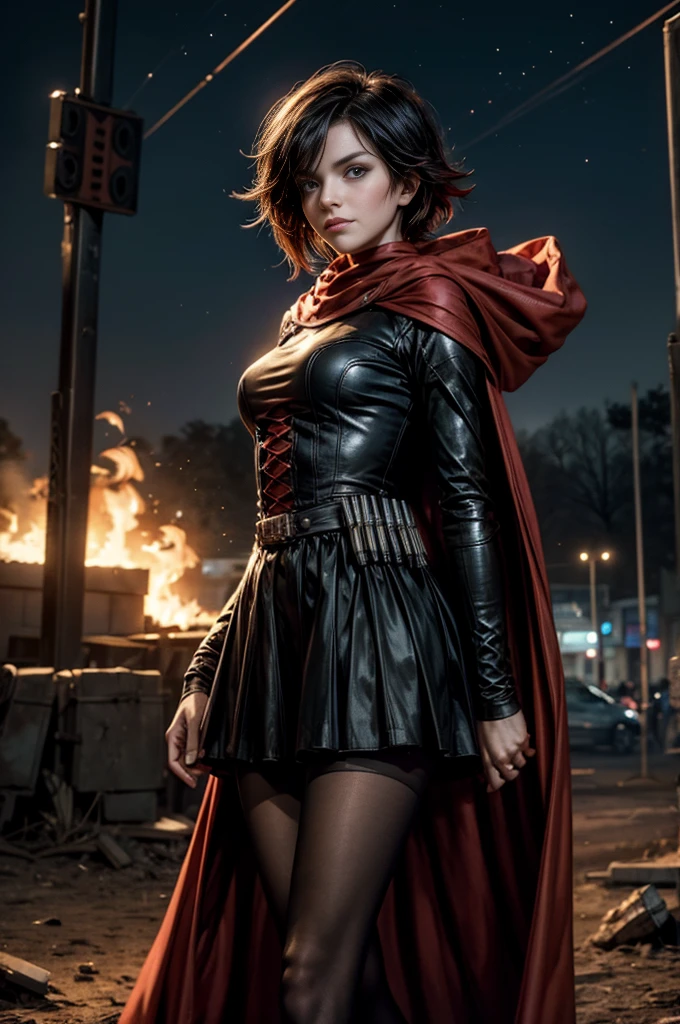 (masterpiece, best quality:1.2), cowboy shot, solo, dynamic pose, 1girl, ruby rose, grin, looking at viewer, arms behind back, black dress, long sleeves, red cape, pantyhose, standing, outside deserted stadium, bonfires, river, crowd, (crowd in military uniforms), night, stars, closed mouth, serious look, serious expression, post-apocalypse, dystopian future