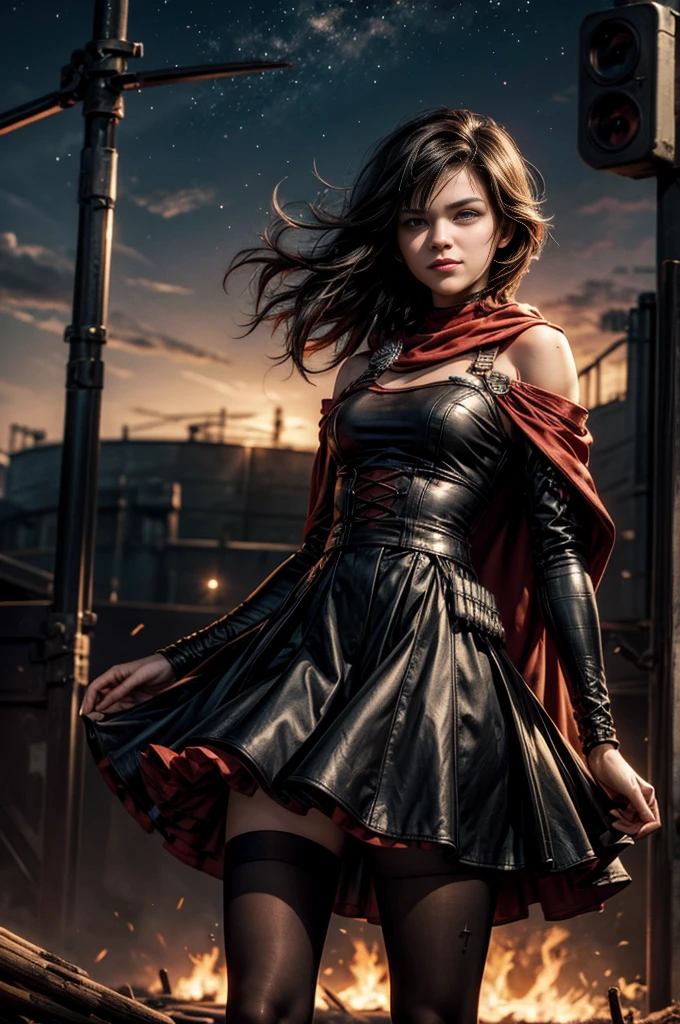 (masterpiece, best quality:1.2), cowboy shot, solo, dynamic pose, 1girl, ruby rose, grin, looking at viewer, arms behind back, black dress, long sleeves, red cape, hose, standing, outside deserted stadium, bonfires, river, crowd, (crowd in military uniforms), night, stars, closed mouth, serious look, serious expression, post-apocalypse, dystopian future