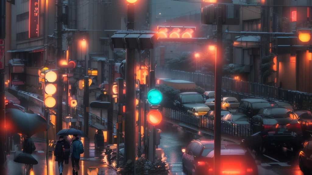 Tokyo cityscape on a rainy night。Neon-lit buildings and store signs are reflected on the wet road surface.。Person walking with an umbrella々comes and goes、Car lights are visible from afar。In the background, the full moon is thinly hidden by clouds.、There is a moist and quiet atmosphere。The image shows a young man wearing headphones and walking while engrossed in music.。The overall color tone is calm.、Urban yet relaxed atmosphere。
