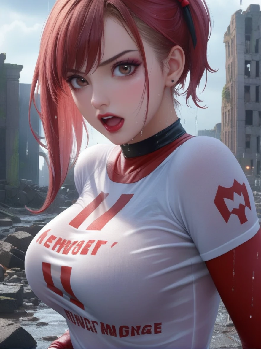 Harley Quinn in a fit of emotion rage, screams at the moon and tears a wet T-shirt on his chest, digital art, iray, portrait shot, photo, harsh tenderness, photo pampering, Harley Quinn full-length, close-up, ruins of the city, eye-catching breasts, rain, adorable, photoshoot, hyperrealism