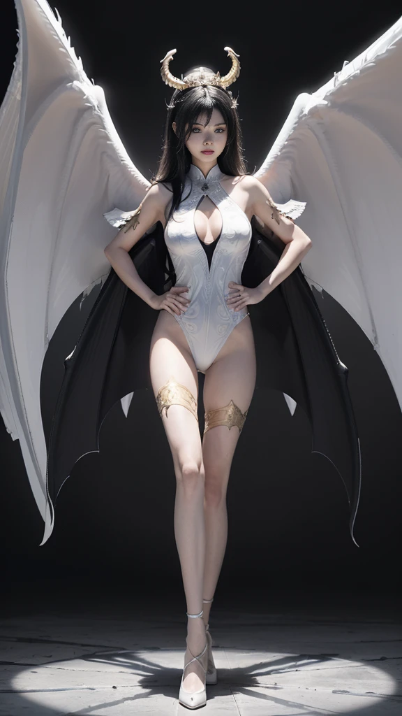 (Realistic picture, highest resolution, 16ก), (A demon god with wide wings and enormous power on his shoulders..., Twelve wings on the shoulders., black bat wings:1.3 white angel wings:1.5), 6 angel wings, 6 devil wings, (Beautiful girl with two meter long hair, shiny black hairงาม, Smooth white skin, Lips are very red.), ((stand, already)), (big breasts, หัวBig tits), (gigantic breast, breast augmentation, Breast 400 cc., small waist, hips raised, small thighs, Long legs), (dynamic poses), (Armor that slightly conceals the body), Separate theme, (Angel wings and devil wings), floating in the air above the groundดิน, background darkness, Embraced with twelve wings, wearing a large king crown, crown shining bright, wears little armor, There is power coming out of the body., sparkling wings, white light black light, amazing wings, beautiful gesture, 8K resolution, Resolution 4000 x 2250 pixels, beautiful gesture, Angel wings and devil wings, (Realistic picture, highest resolution, 16K), (A demon god with wide wings and enormous power on his shoulders.., Twelve wings on the shoulders., black bat wings:1.3 white angel wings:1.5), Have wings 100 Have wings 1000, Angel wings and bat wings, wings inserted between wings, 12 wings, 6 angel wings, 6 bat wings, (Beautiful girl with two meter long hair, shiny black hair, Smooth white skin, Lips are very red.), very long hair, ((stand, toe)), (big breastsโต, หัวBig tits), (gigantic breast, small waist, hips raised, small thighs, Long legs), (dynamic poses), (black and white leotard, There are beautiful patterns., Decorated with gold embroidery., Show off your chest), Separate theme, (Angel Wings and Demon Lord Wings), floating in the air above the ground, background darkness, Embraced with twelve wings, white and black light crown, A rainbow glow on the back of the head, The most busty breasts, Big tits, universe backdrop, dynamic gesture