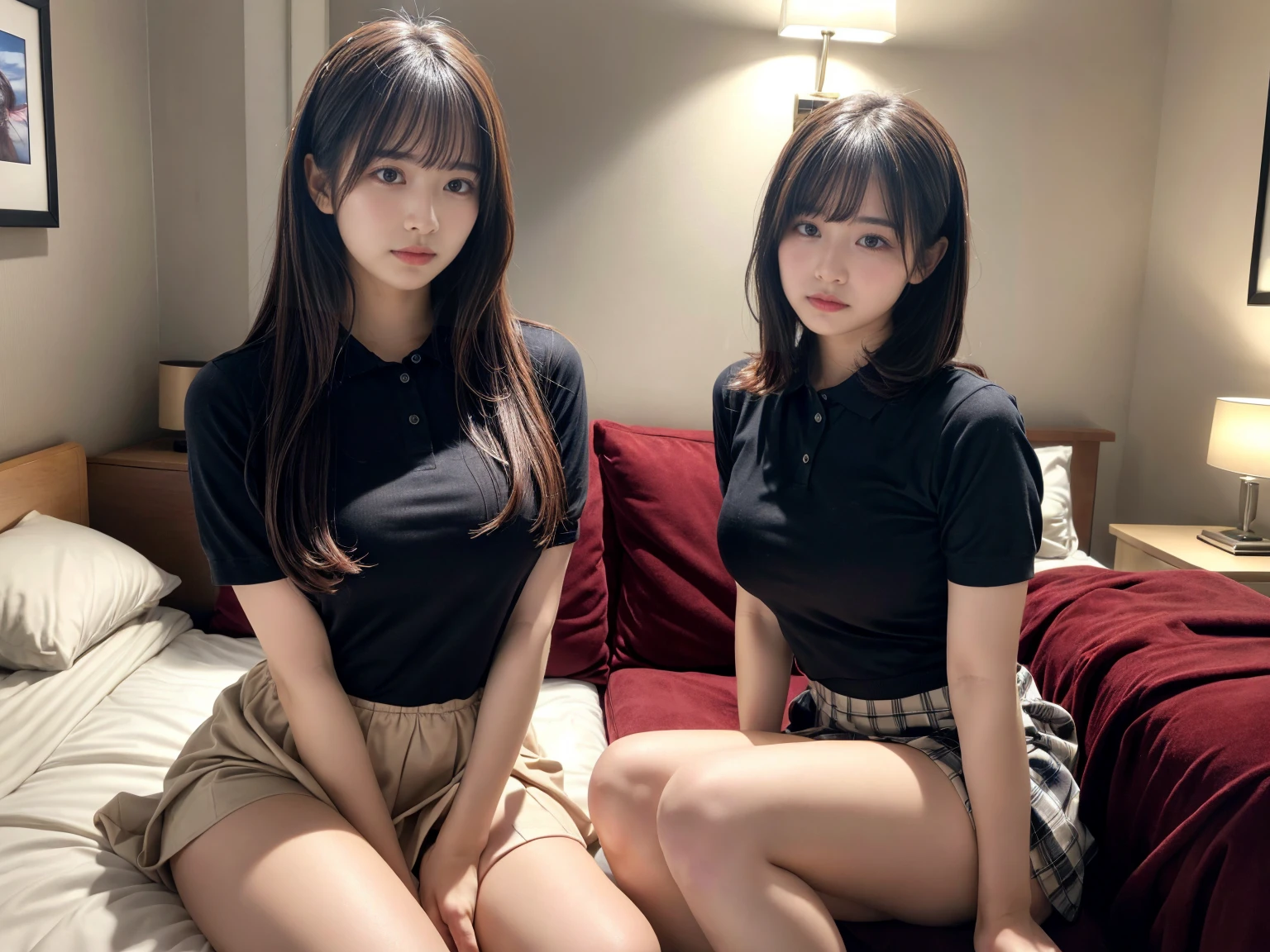masterpiece, best quality, illustration, Super detailed, fine details, High resolution, 8K,wall paper, perfect dynamic composition,(Details High quality, realistic depiction of eyes:1.3), (2 girls), A tight polo shirt that expresses the roundness and softness of your chest., pleated mini skirt, sitting, open legs, short bob hair, in a hotel room in the background, deep on field, large breasts, black hair color, Big Natural Color Lip, (perfect body shape), crying a little、Harajuku style、20 year old girl、cute type、beautiful legs, Gravure Idol